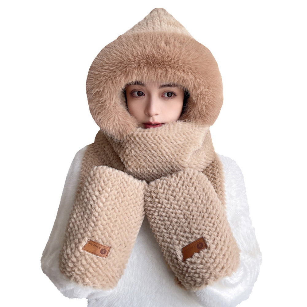 3-in-1 Hooded Scarf Hat Winter Warm Plush Hat with Gloves for Riding