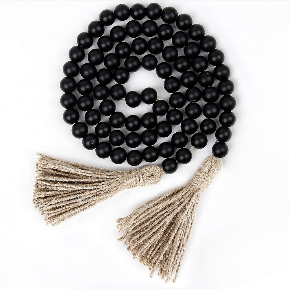 148cm Wood Bead Garland with Tassels Boho Beads Wall Hanging Decoration-Black