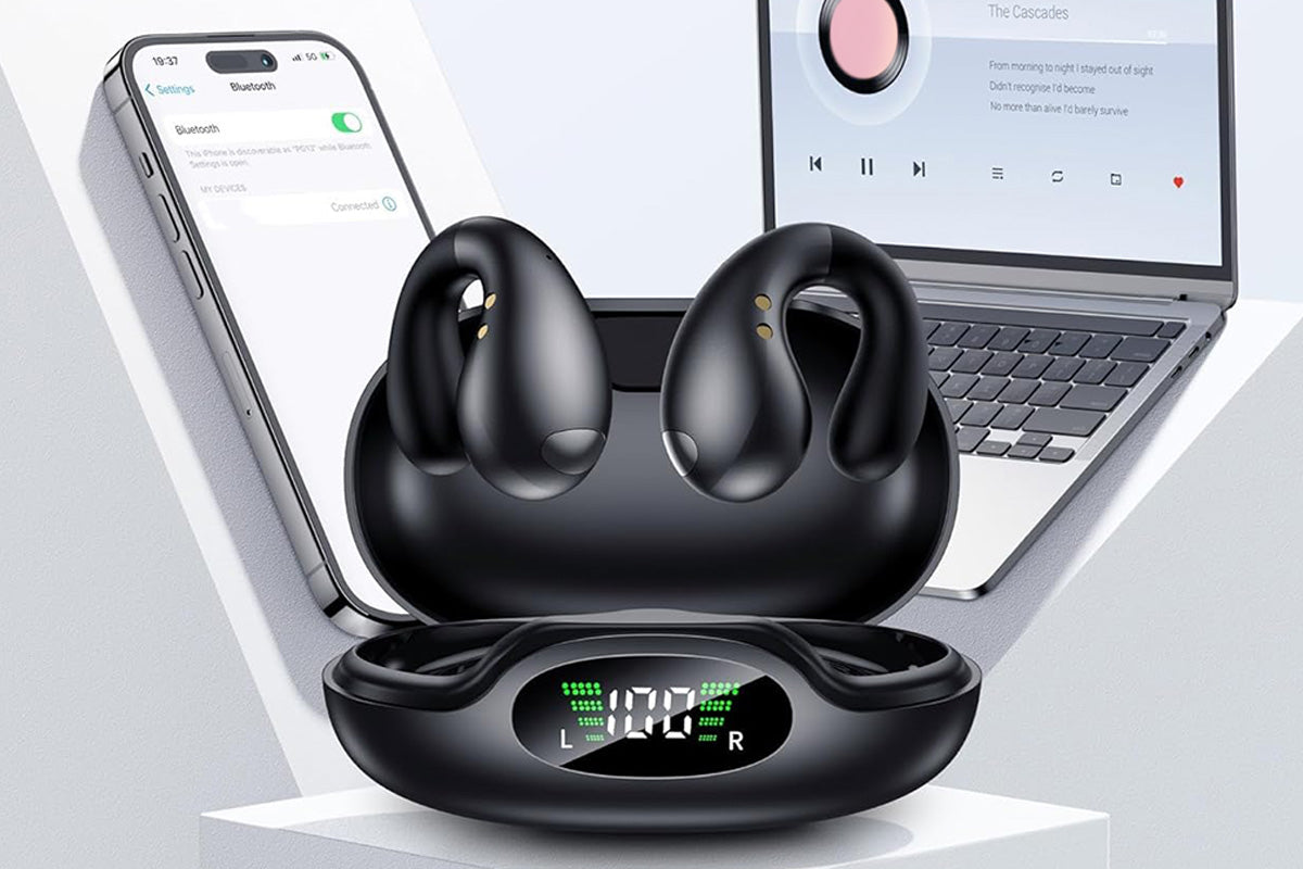Open Ear Earbuds Ergonomic Clip-On Earbuds Bone Conduction Over-The-Ear Headphones-Black