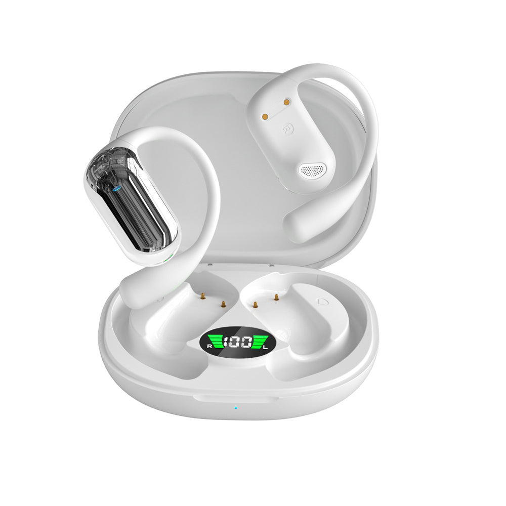 Wireless Bluetooth 5.4 Earbuds Touch Control Earhook Earphones Sports Earbuds with Digital Display Case White