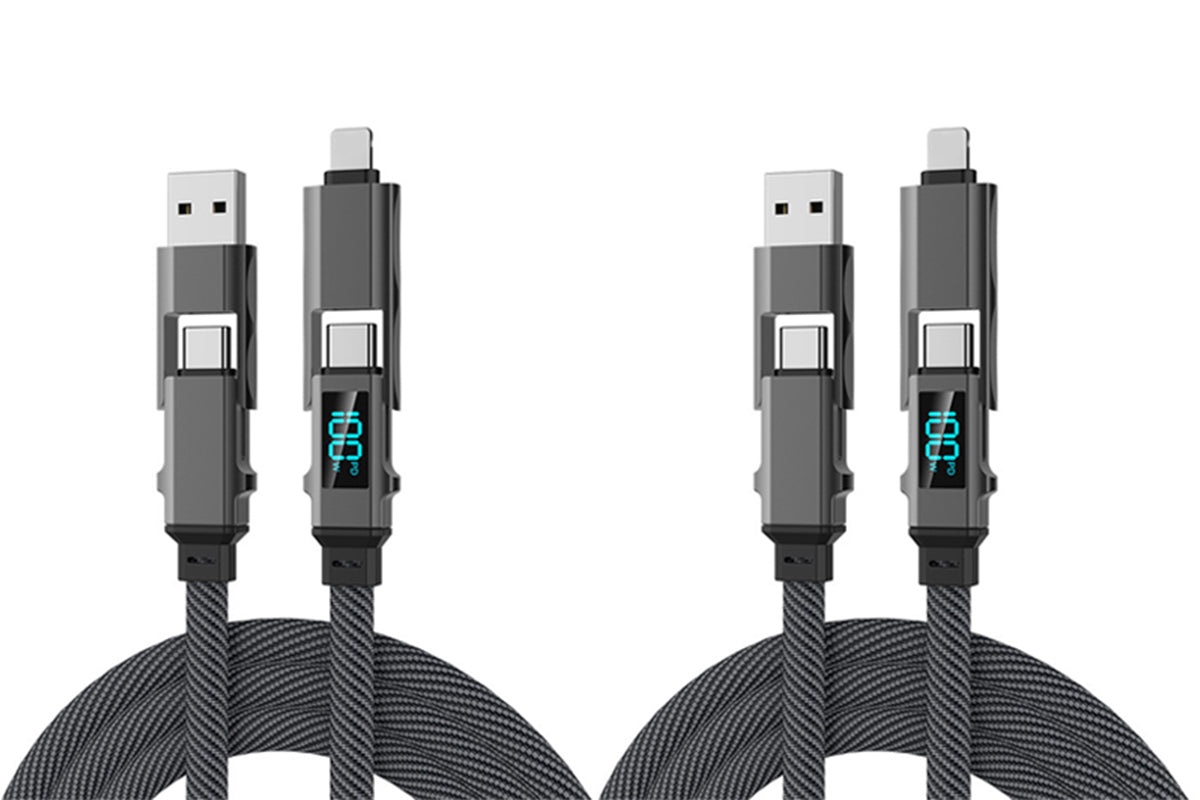 2Pcs 4 in 1 100W Multi Fast Charging Cable 1.5m Flat Braided USB C Cable with LED Display for iPhone Sam Sung MacBook Airpods Android Phone