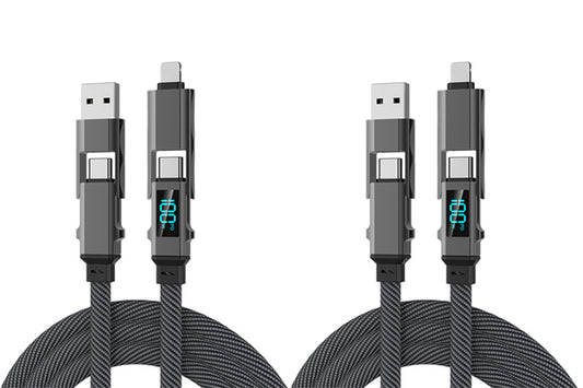 2Pcs 4 in 1 100W Multi Fast Charging Cable 1.5m Flat Braided USB C Cable with LED Display for iPhone Sam Sung MacBook Airpods Android Phone