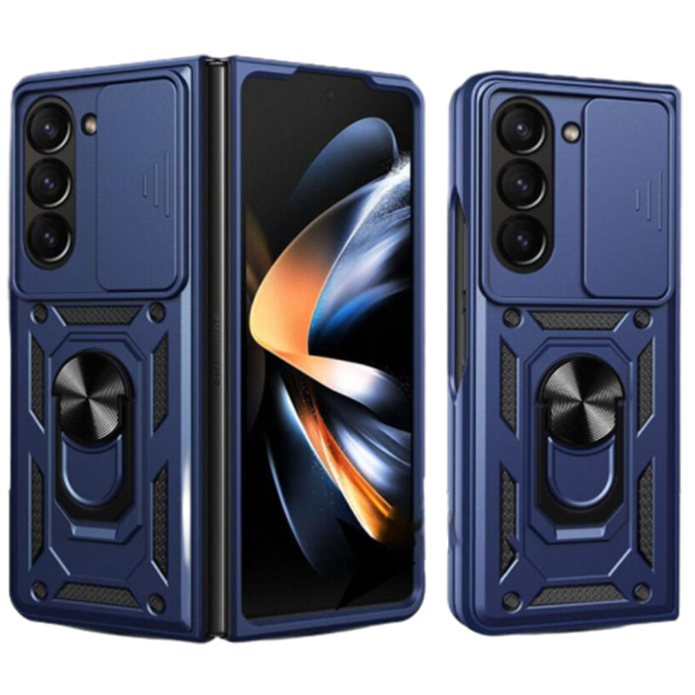 For Samsung Galaxy Z Fold Drop Protection Case Full-Body Shockproof Case with Rotating Ring Stand Blue