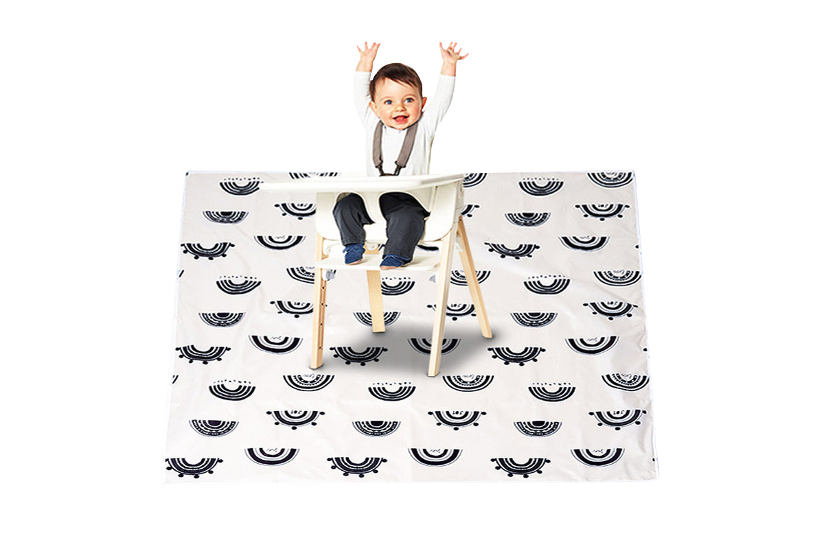 Washable Portable Baby Splat Mat For Under High Chair Arts Anti-Slip Floor Protector-Black And White Rainbow