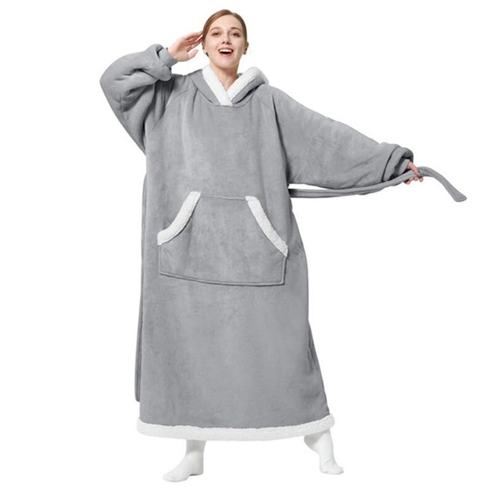 Wearable Hoodie Blanket with Giant Pocket and Waist Belt Long Hooded Blanket Grey