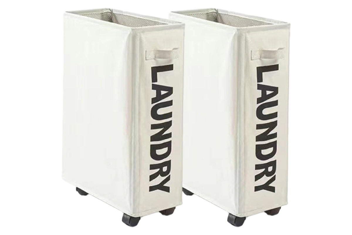 2Pcs Foldable Laundry Washing Clothes Storage Bag With Universal Wheels-Beige