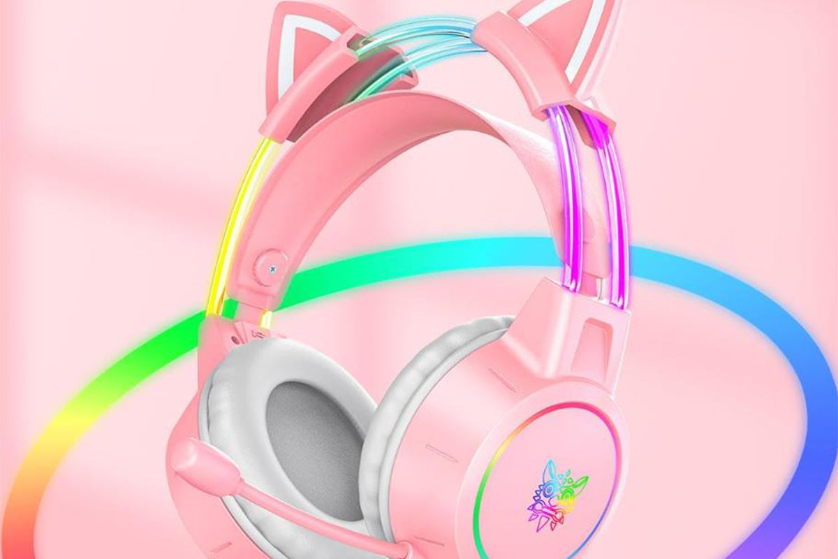 Gaming Headset with Detachable Cat Ears Wired Over LED Ear Headphones with Mic for PC Laptop PS4 PS5 Xbox Switch -Pink