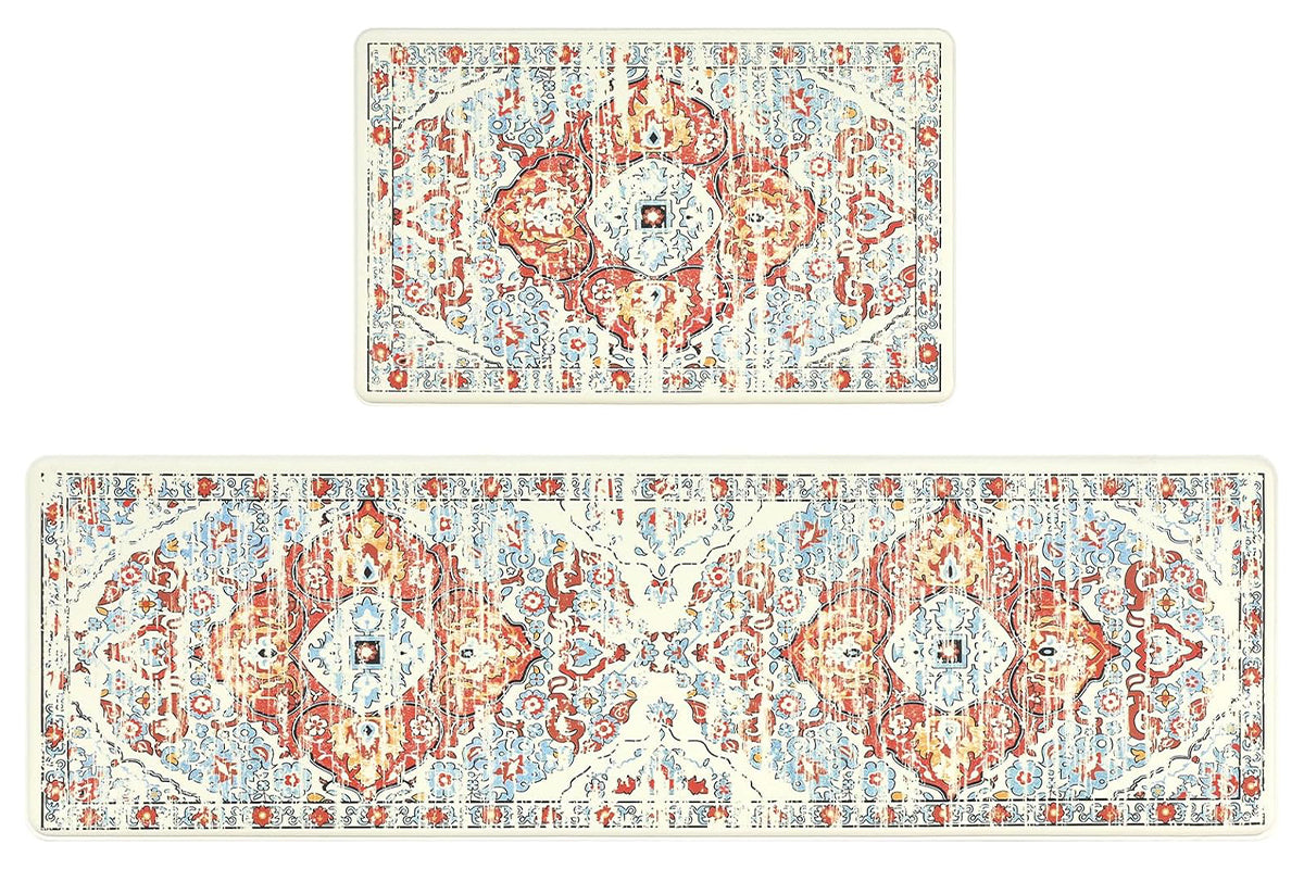 2Pcs Boho Anti-Fatigue Kitchen Mats Non-Slip Cushioned for Kitchen Sink Laundry -Blue