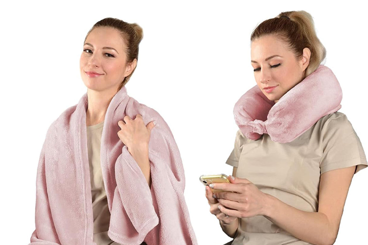 2 in 1 Travel Blanket and Pillow Flannel Blanket with Neck Pillow Case for Airplane Camping-Pink