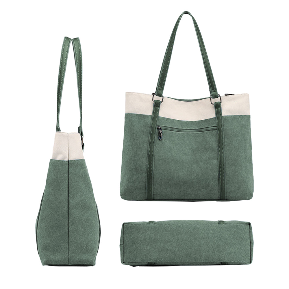 Women Tote Bag for Work Travel Canvas Laptop Handbag Shoulder Bag Green