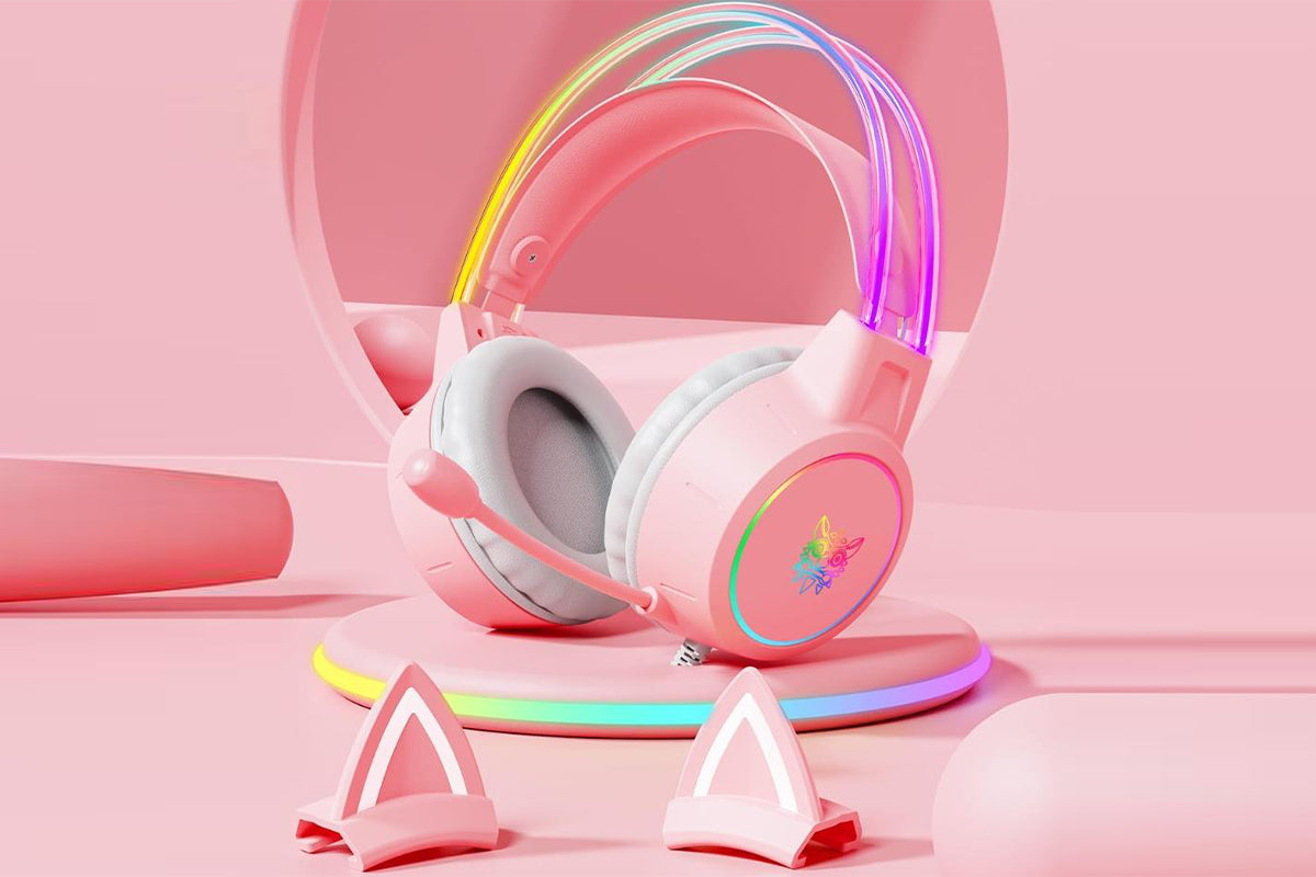 Gaming Headset with Detachable Cat Ears Wired Over LED Ear Headphones with Mic for PC Laptop PS4 PS5 Xbox Switch -Pink