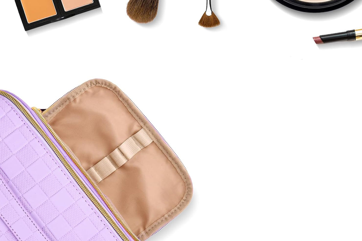 Large Capacity PU Leather Water-Resistant Checkered Cosmetic Bag Travel Makeup Bag-Purple