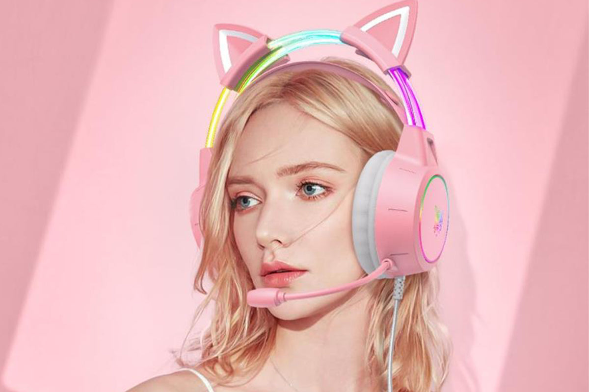 Gaming Headset with Detachable Cat Ears Wired Over LED Ear Headphones with Mic for PC Laptop PS4 PS5 Xbox Switch -Pink