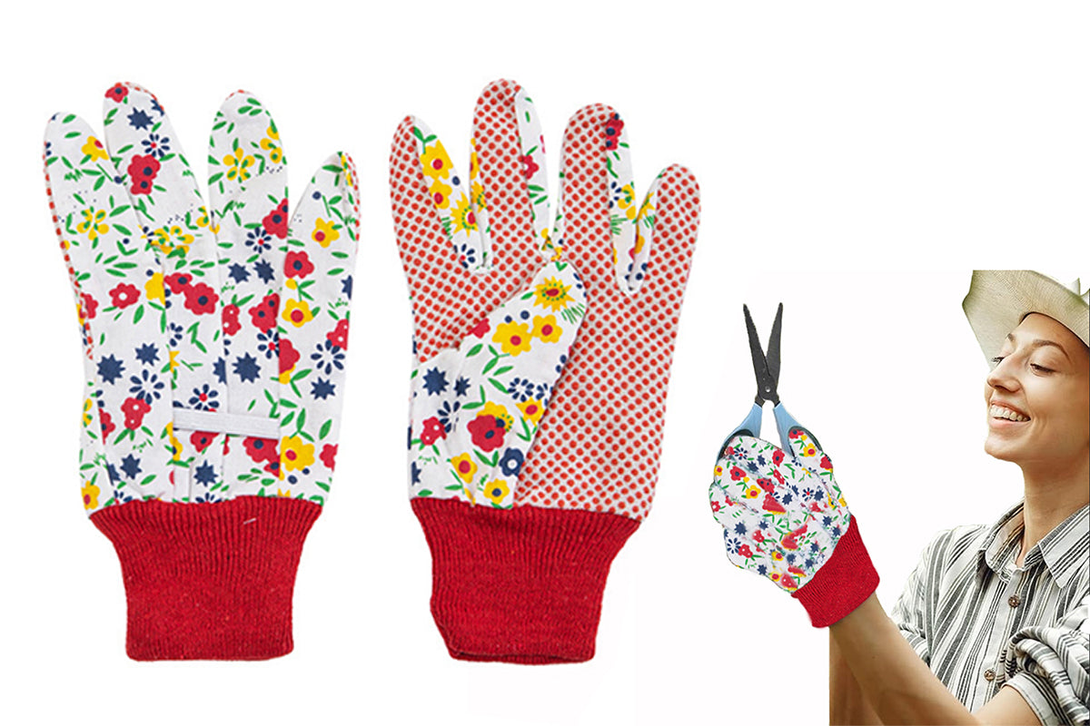 Polyester Floral Gardening Gloves Soft Breathable Yard Work Glove-Red