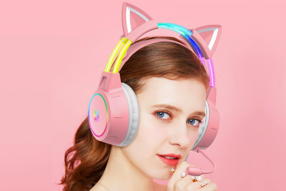 Gaming Headset with Detachable Cat Ears Wired Over LED Ear Headphones with Mic for PC Laptop PS4 PS5 Xbox Switch -Pink