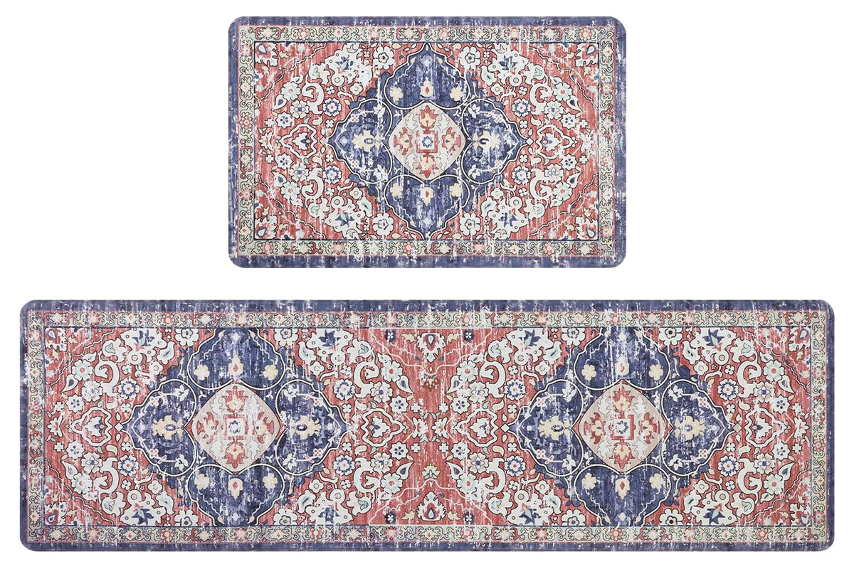 2Pcs Boho Anti-Fatigue Kitchen Mats Non-Slip Cushioned for Kitchen Sink Laundry -Red
