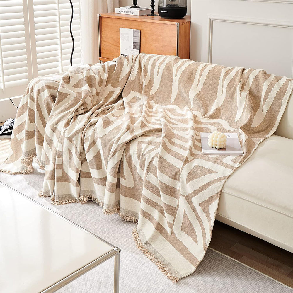 Boho Couch Cover Geometric Sofa Blanket Furniture Protector Beige
