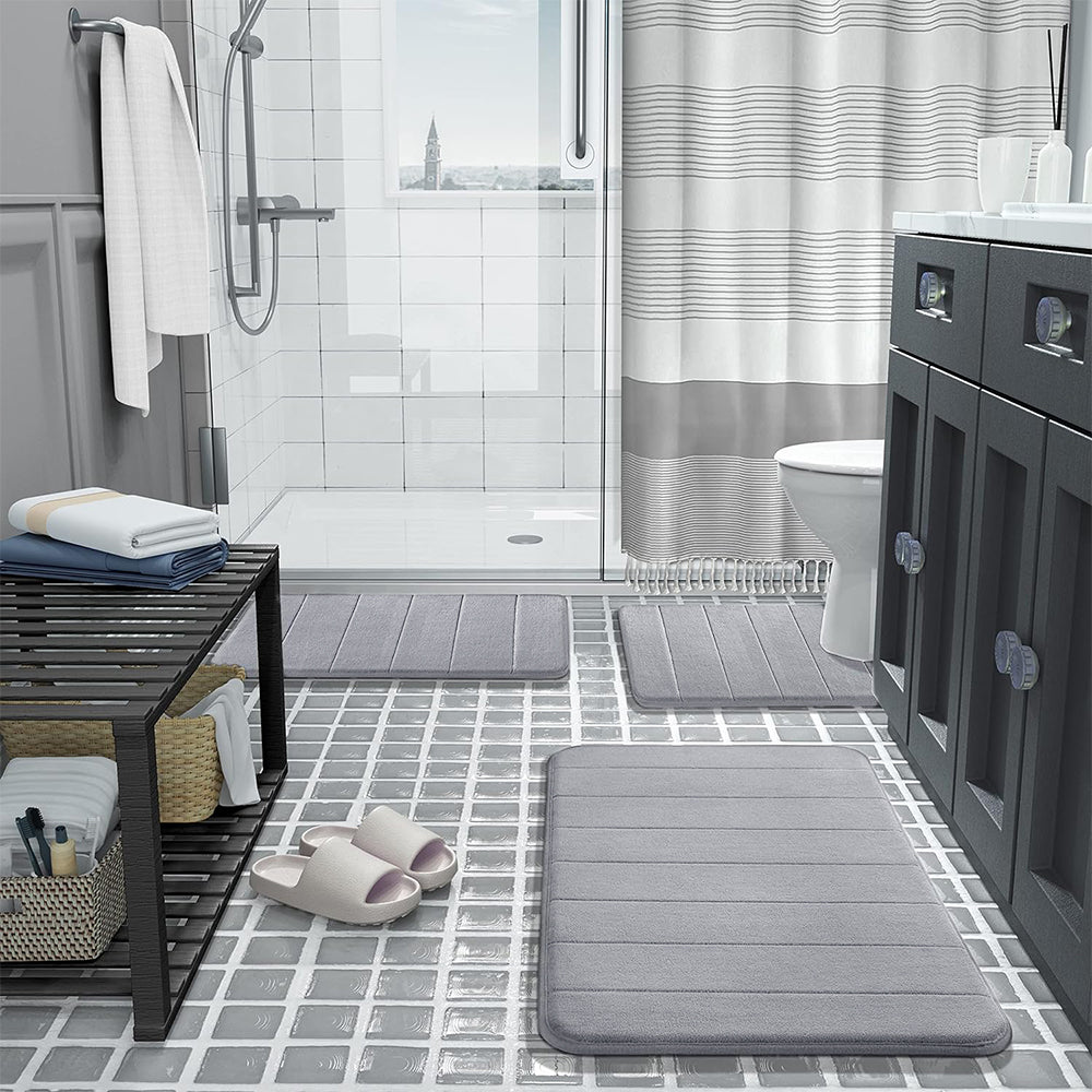 3 Pieces Set Water Absorption Bathroom Floor Mats Non-Slip Bath Mats Light Gray