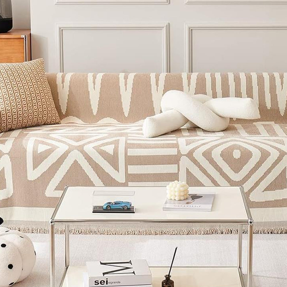Boho Couch Cover Geometric Sofa Blanket Furniture Protector Beige