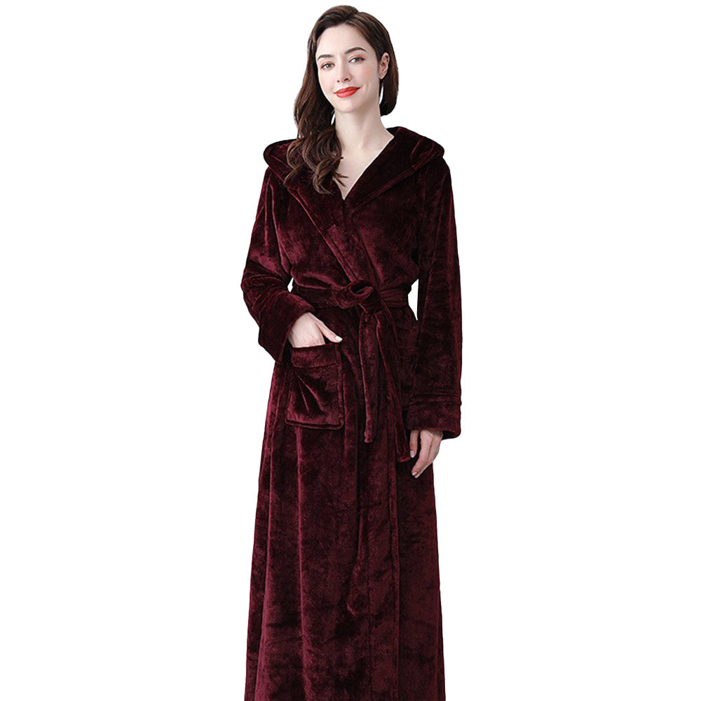 Unisex Winter Long Bathrobe Solid Warm Hooded Bath Robe for Lovers Dark Red