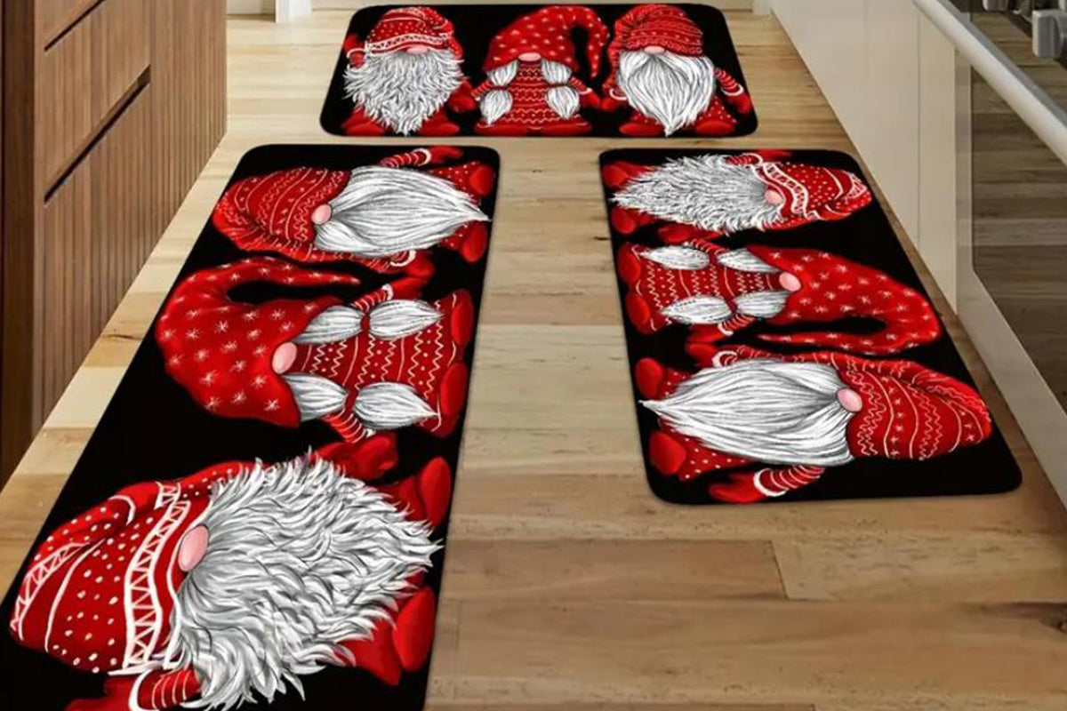 2Pcs Set Christmas Gnome Kitchen Rugs and Mats Non Slip Christmas Faceless Gnome Floor Mat for Bedroom Bathroom