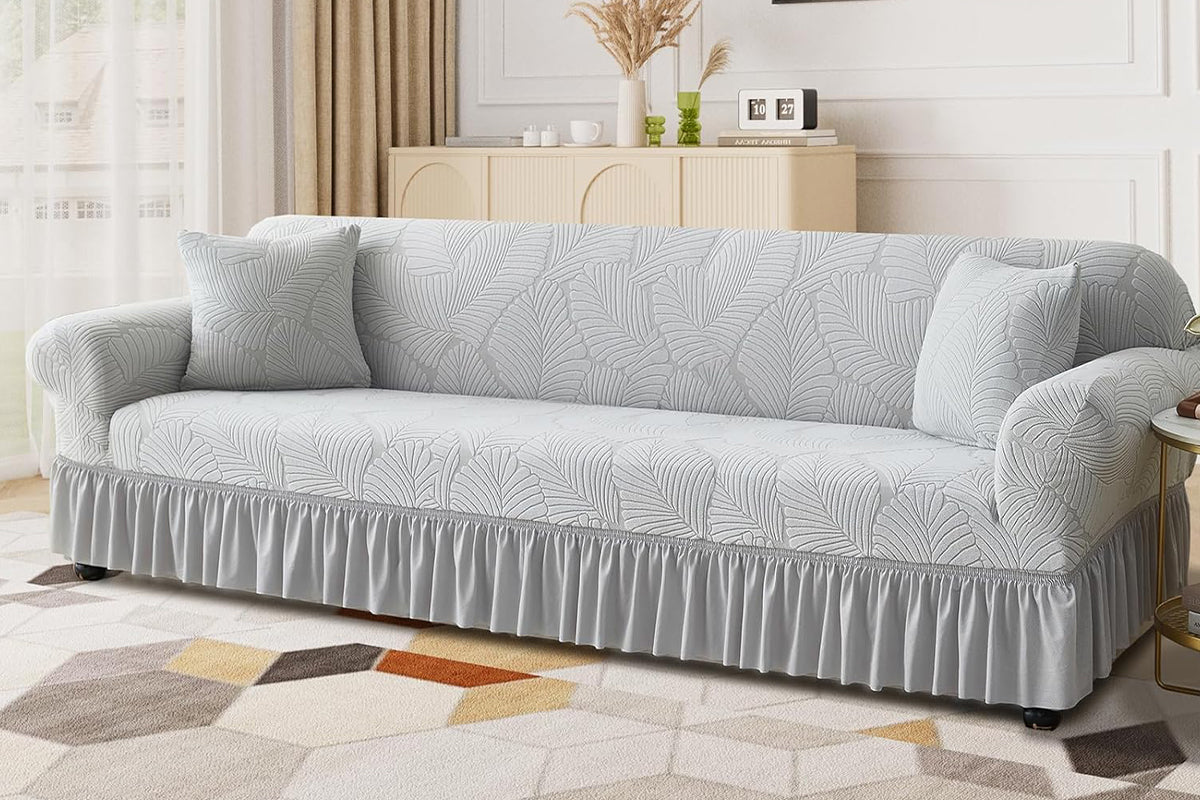 Sofa Cover with Skirt Stretch Sofa Slipcover Non-Slip Soft Couch Cover -Light Grey