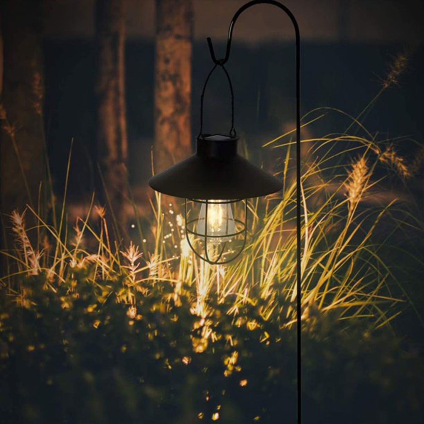 Solar Lantern Outdoor Hanging Light with Shepherd Hook Retro Stake Lights -Black