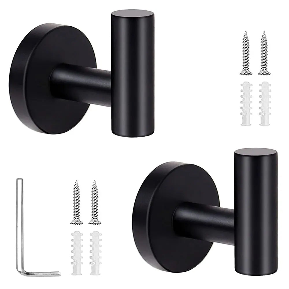 2Pcs Set Bathroom Towel Hook Wall Mounted Robes Holder Stainless Steel Clothing Hanger Black