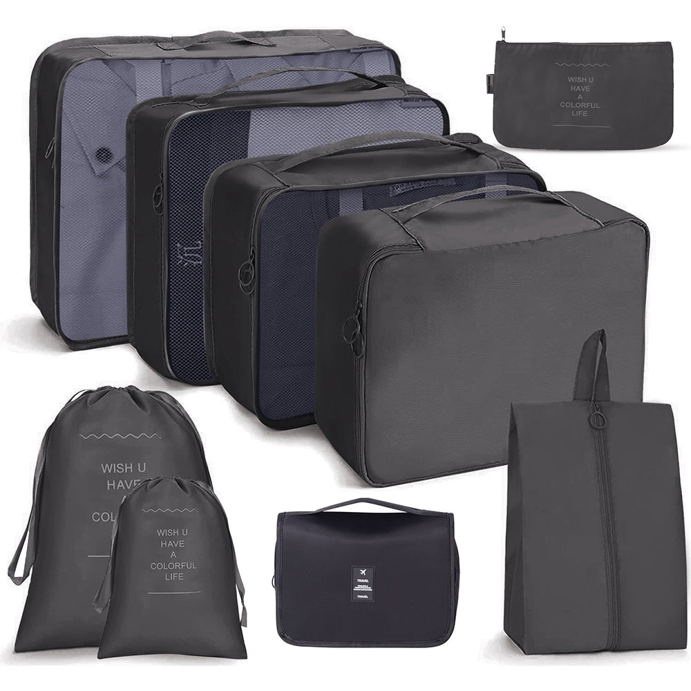 9Pcs Packing Cubes Travel Pouches Luggage Organizer Clothes Suitcase Storage Bag -Black