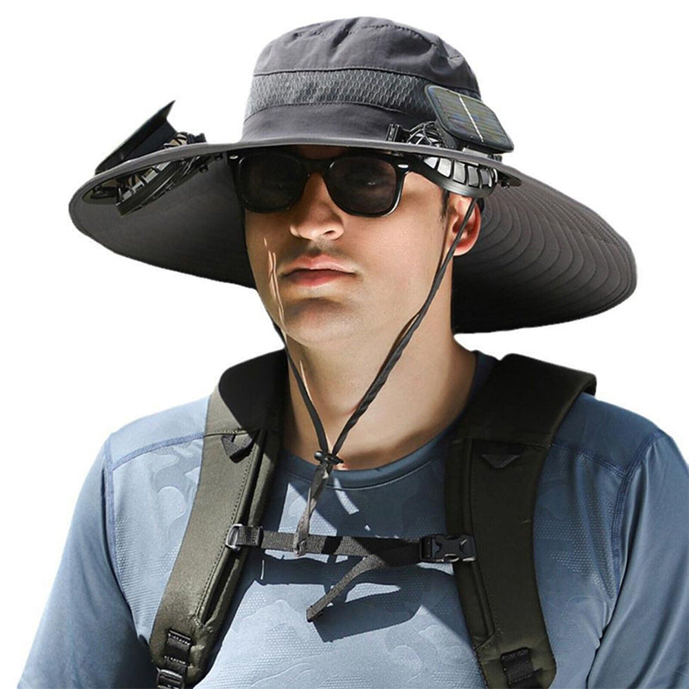 Wide Brim Sun Hat with 2 Solar Fan Sun Bucket Hat for Fishing Camping Hiking Dark Grey