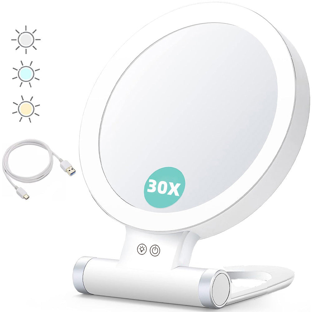 Double-Sided 1X/30X Magnifying Foldable Makeup Mirror with 3 Color Lights