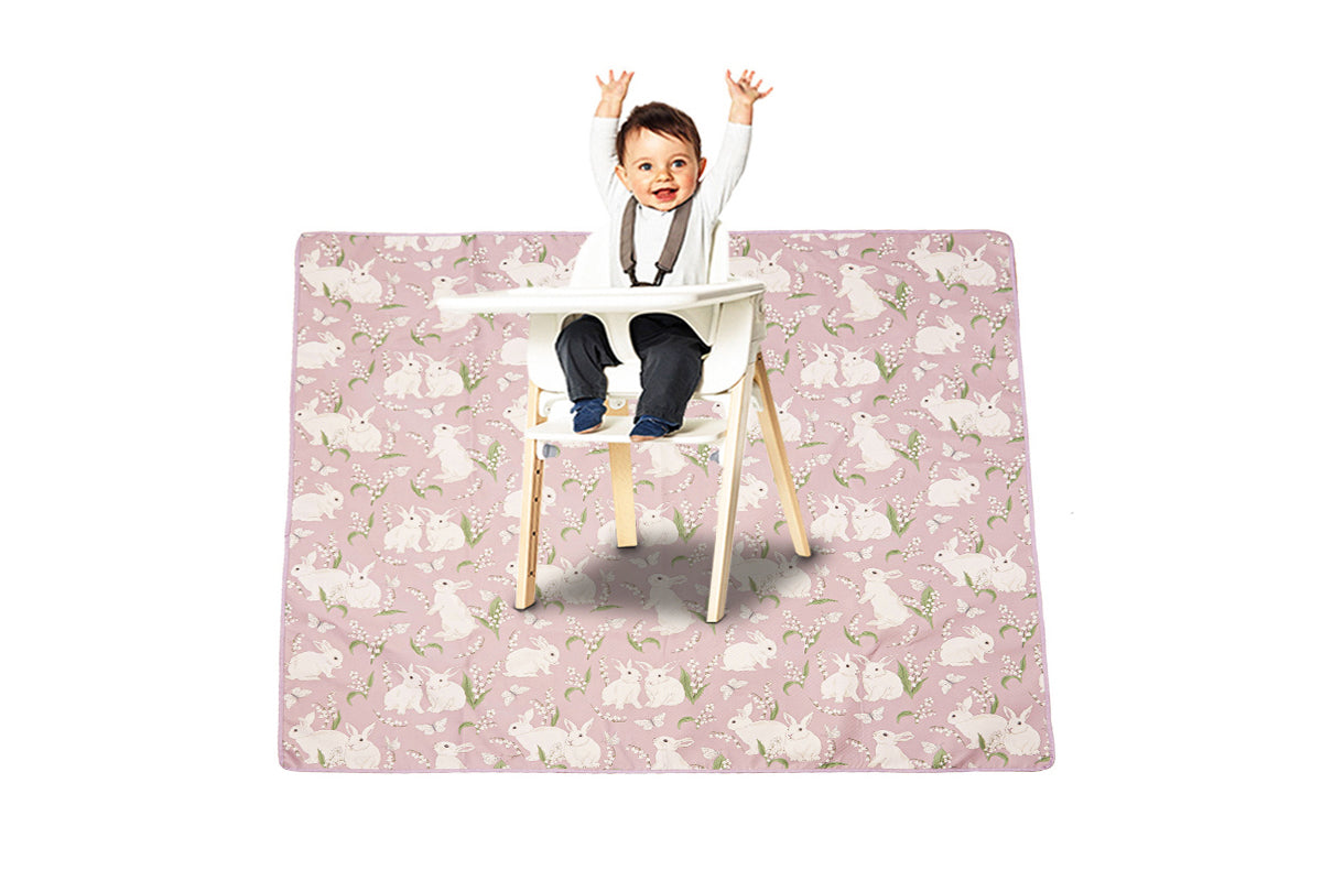 Washable Portable Baby Splat Mat For Under High Chair Arts Anti-Slip Floor Protector-White Rabbit