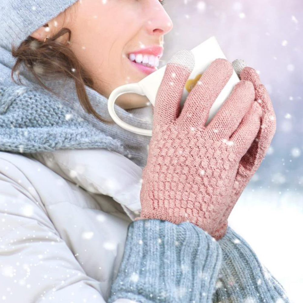 Pair of Winter Thermal Warm Gloves Touchscreen Sports Knit Gloves Pink