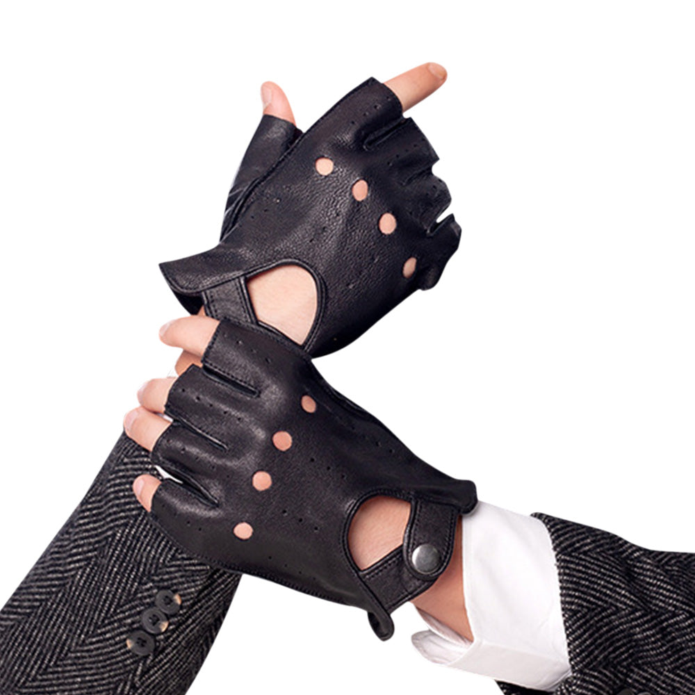 Mens Fingerless Leather Driving Gloves for Motorcycle Riding - Black