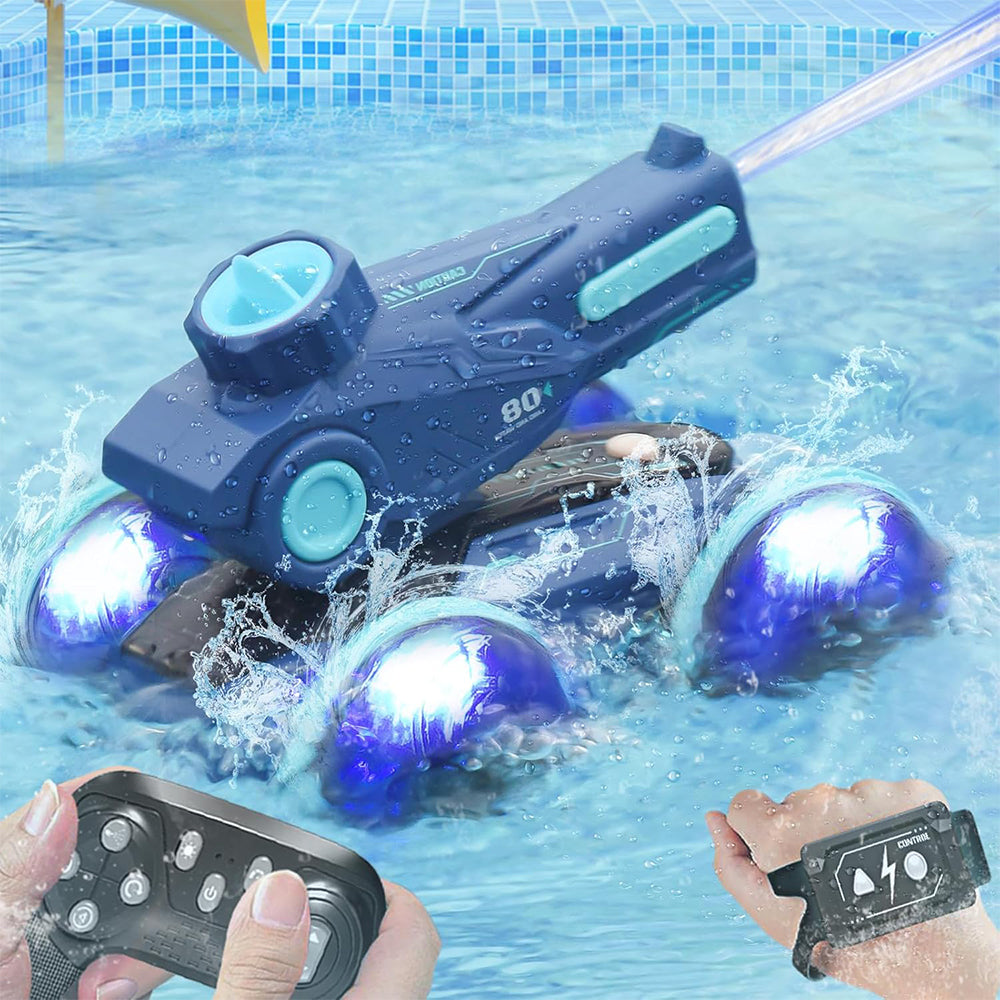 Amphibious Remote Control Car Boat Toy RC 4WD Stunt Car with Lights for Kids Blue