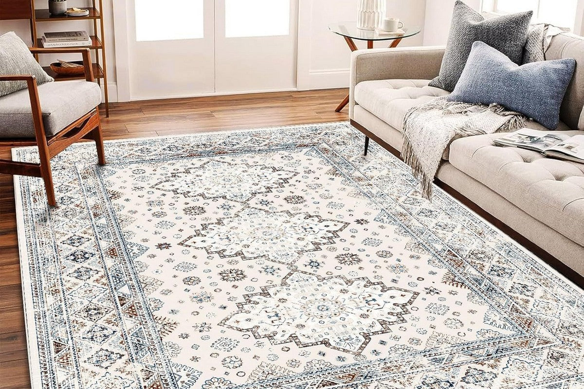 Area Rug Washable Taupe Rug Vintage Boho Non Slip Mat for Living Room Dining RoomStyle2