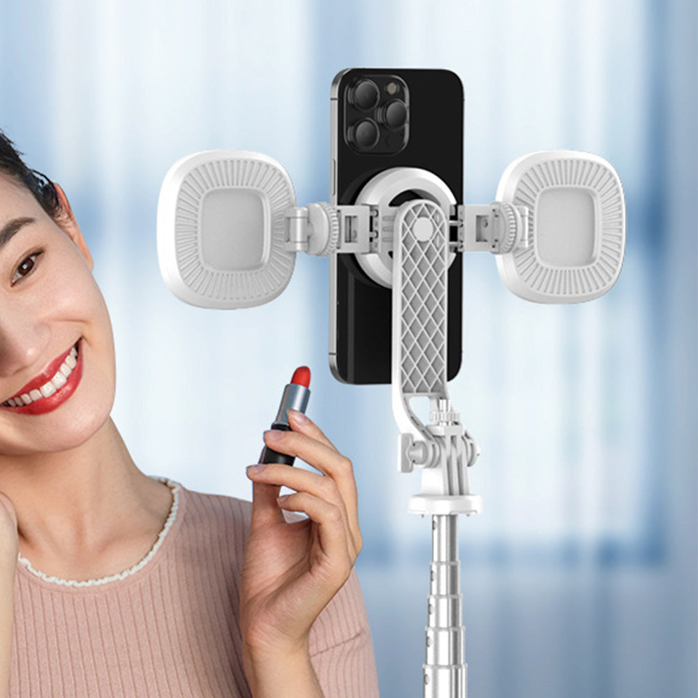 Portable Phone Tripod Stand Retractable Selfie Stick with Remote Control and Fill Light for Photograph Video Recording White