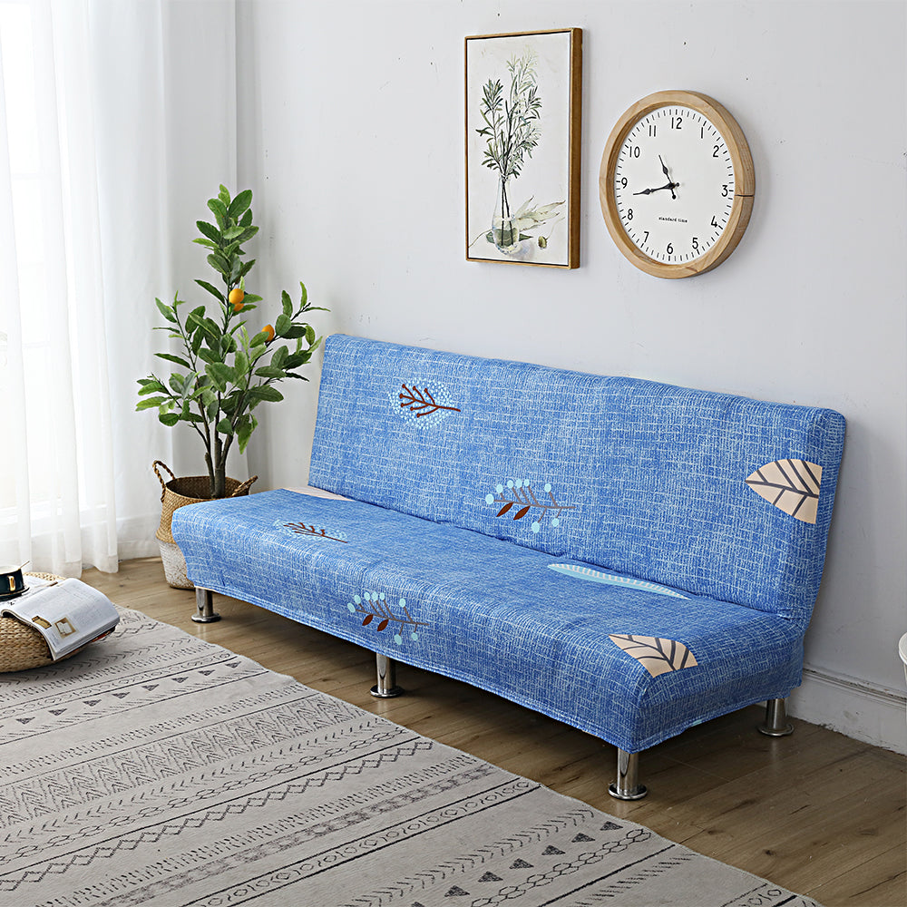 Printed Armless Futon Slipcovers Stretch Folding Sofa Bed Cover with Elastic Bottom -Blue