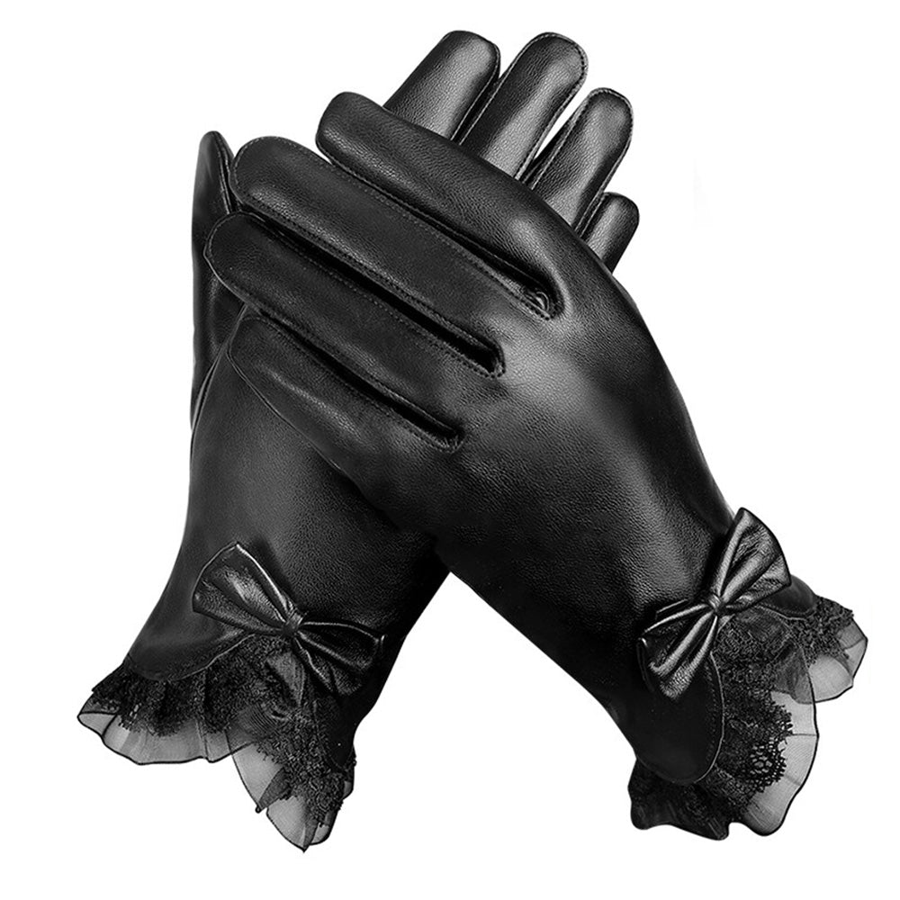 Pair of Women Winter Gloves Touch Screen Driving Warm PU Leather Gloves Style 1