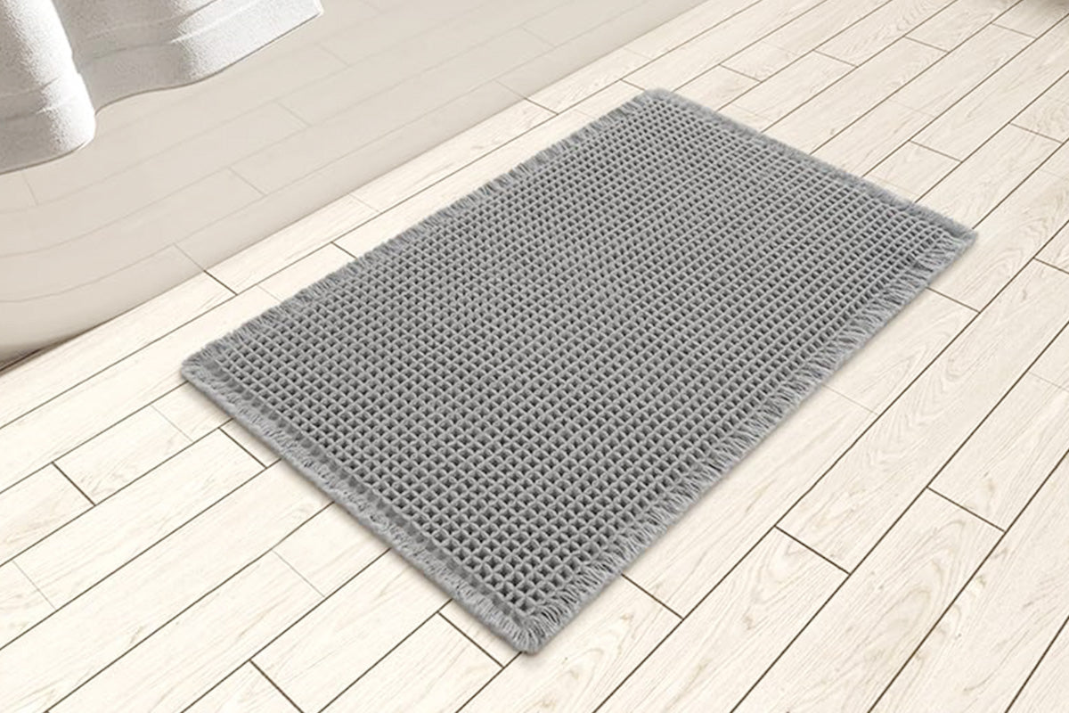 Waffle Bath Mat Super Absorbent Non Slip Bathroom Rug Rubber Backed Bath Rug -Grey