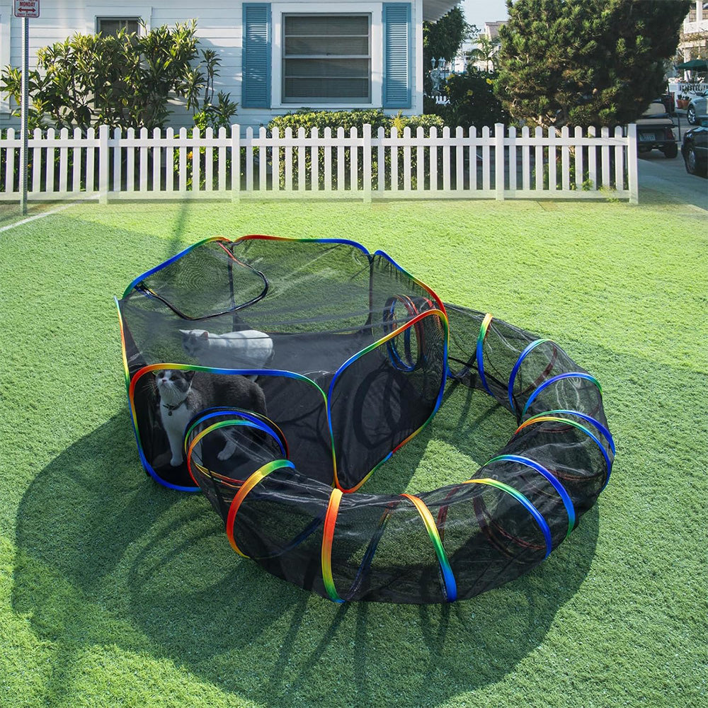 Outdoor Rainbow Cat Playpen ââ‚?Circular Enclosure with Tunnel & Catio