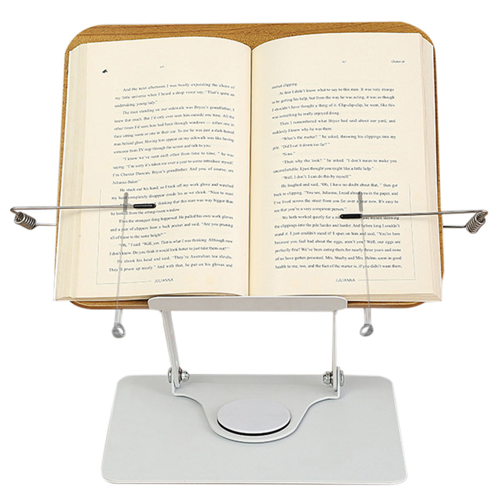 Book Stand with 360 Degrees Rotating Base for Reading Adjustable Book Holder with Elastic Clips Wood Color
