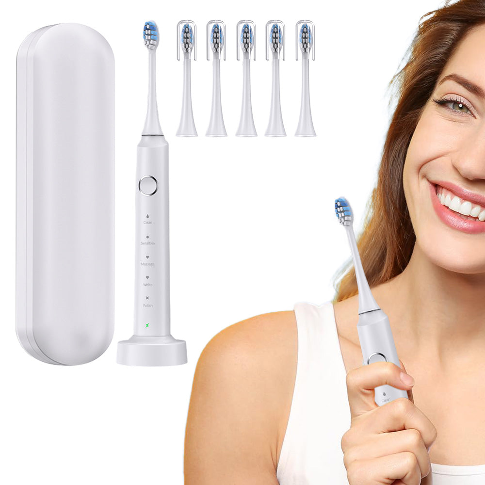 5-Mode Electric Toothbrush with Timer Travel Sonic Toothbrush with 6 Replacement Heads White