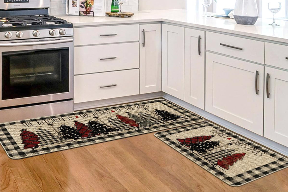 2Pcs Set Merry Christmas Tree Kitchen Rug and Mat Non Slip Christmas Decorative Doormat for Bedroom Bathroom