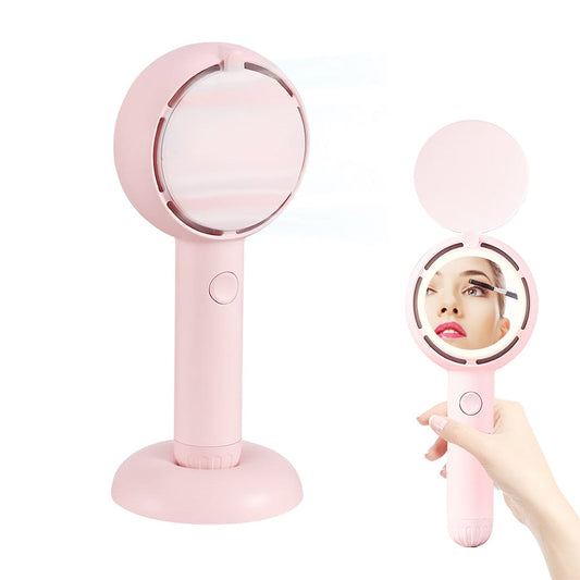 Mini Handheld Fan with LED Light Makeup Mirror Rechargeable Portable Fan Pink