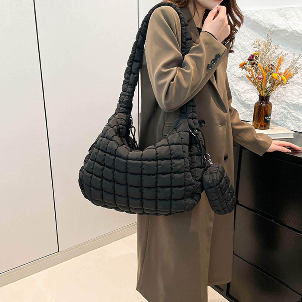 Puffer Tote Bag Quilted Puffy Crossbody Carryall Handbag Black