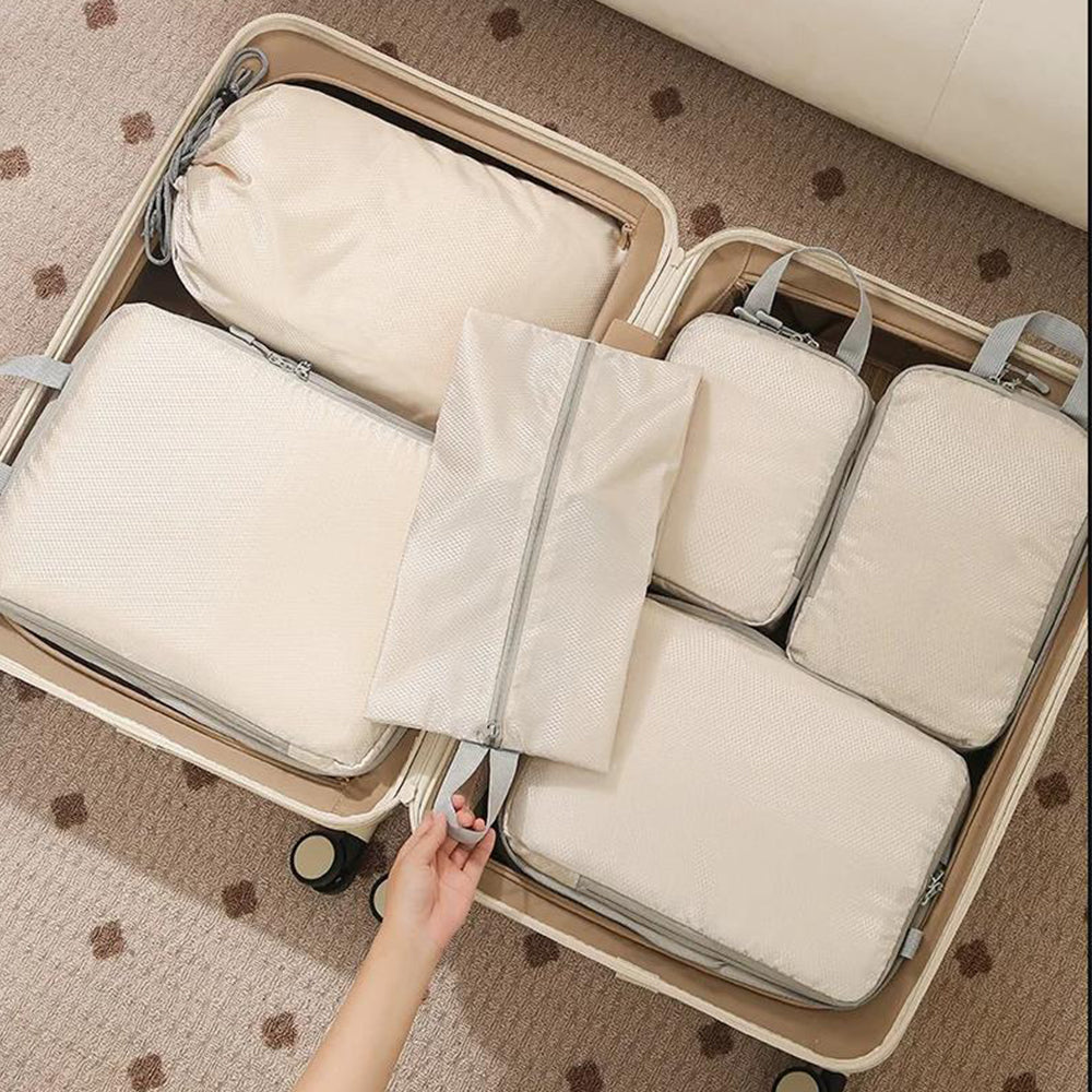 6Pcs Set Packing Cubes Travel Bags Compression Packing Organizer Bags for Travel Suitcases Storage Bags Beige