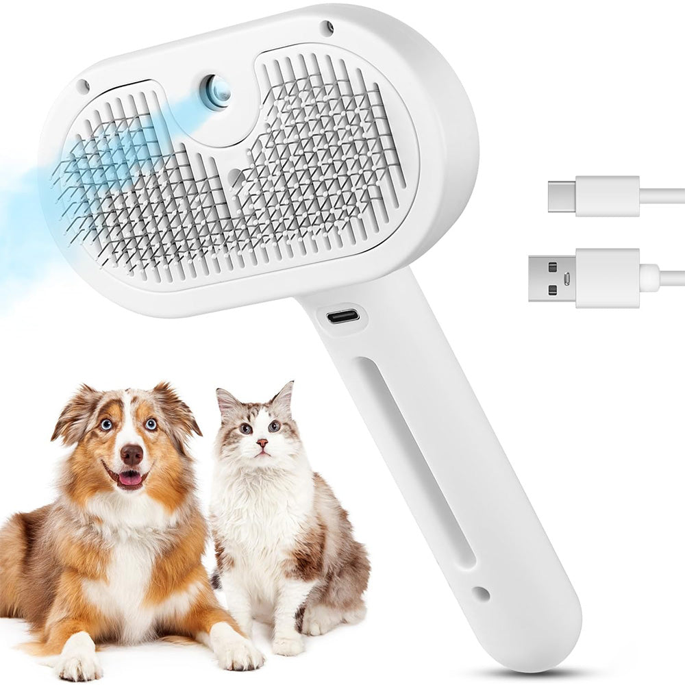 Pet Steam Brush Cat Dog Spray Hair Removal Comb for Shedding Grooming White