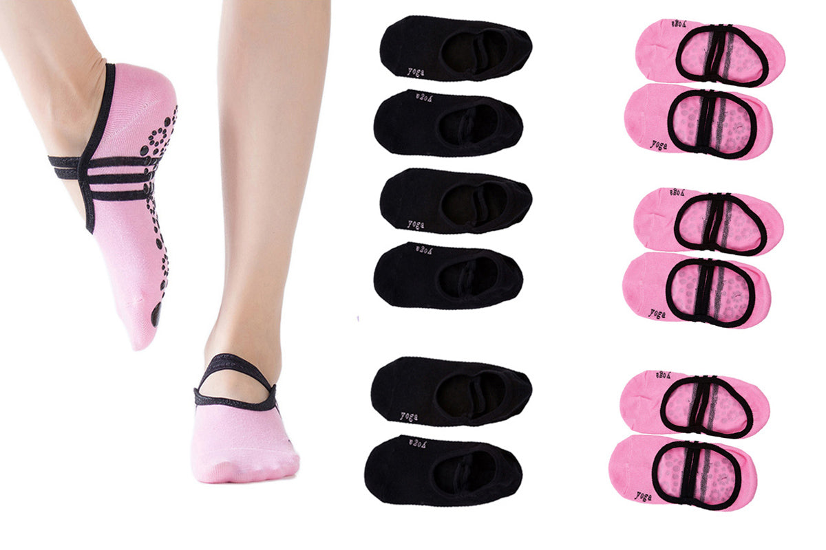 Anti Slip Yoga Ballet Socks Bandage Cotton SocksSports Socks Non slip Yoga Athletic Socks for Barre Ballet Barefoot Workout Hospital-6 Pairs(3 Pairs Black and 3 Pairs Pink)