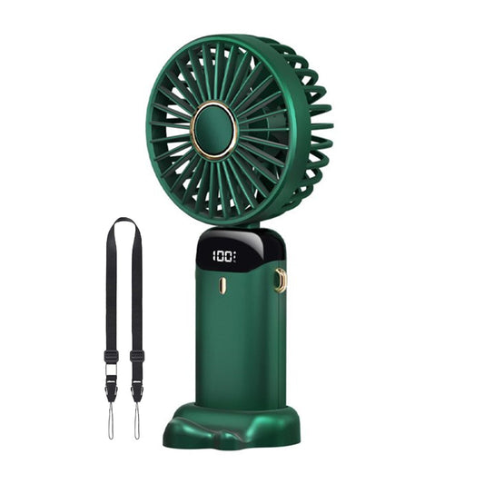 3-in-1 5 Speed USB Handheld Fan Mini Folding Digital Display Fan with Lanyard and Base Green